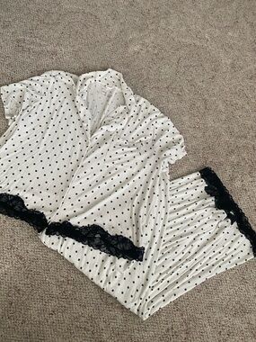 aerie White Polka Dot Pajama Set with Black Lace Trim